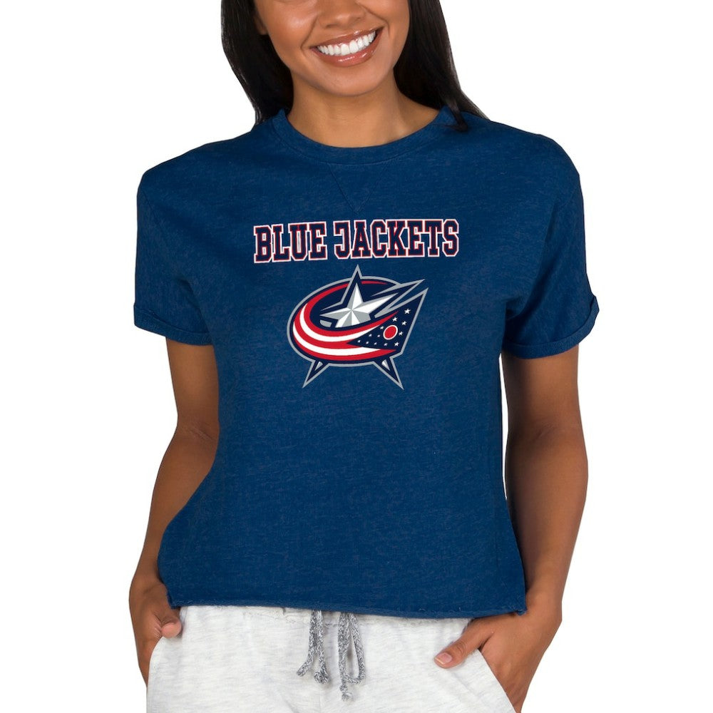 Columbus Blue Jackets Concepts Sport Women's Tri-Blend Mainstream Terry Short Sleeve Sweatshirt Top - Navy | US 200596355