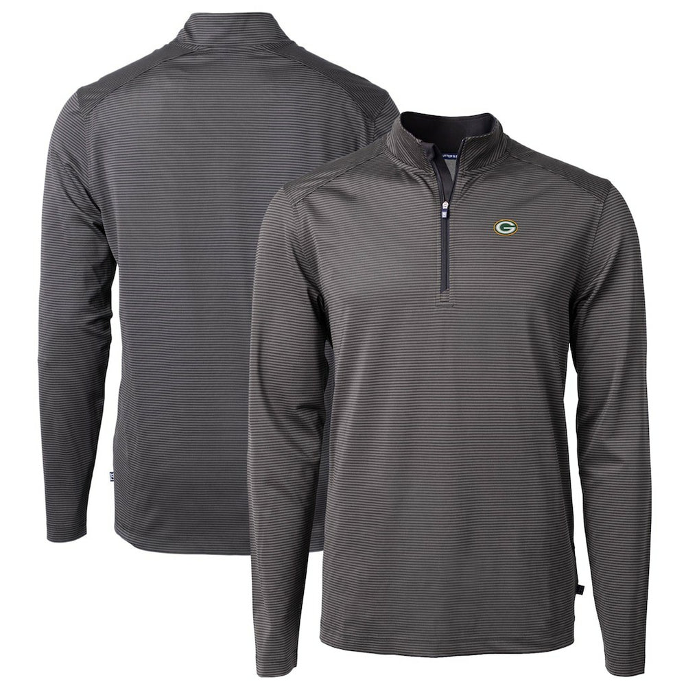 Green Bay Packers Cutter & Buck Virtue Eco Pique Micro Stripe Recycled Quarter-Zip Pullover Top - Black/Gray Pullover