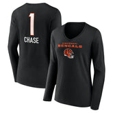 Ja'Marr Chase Cincinnati Bengals Women's Team Wordmark Player Name & Number Long Sleeve V-Neck T-Shirt - Black T-shirts