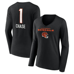 Ja'Marr Chase Cincinnati Bengals Women's Team Wordmark Player Name & Number Long Sleeve V-Neck T-Shirt - Black T-shirts