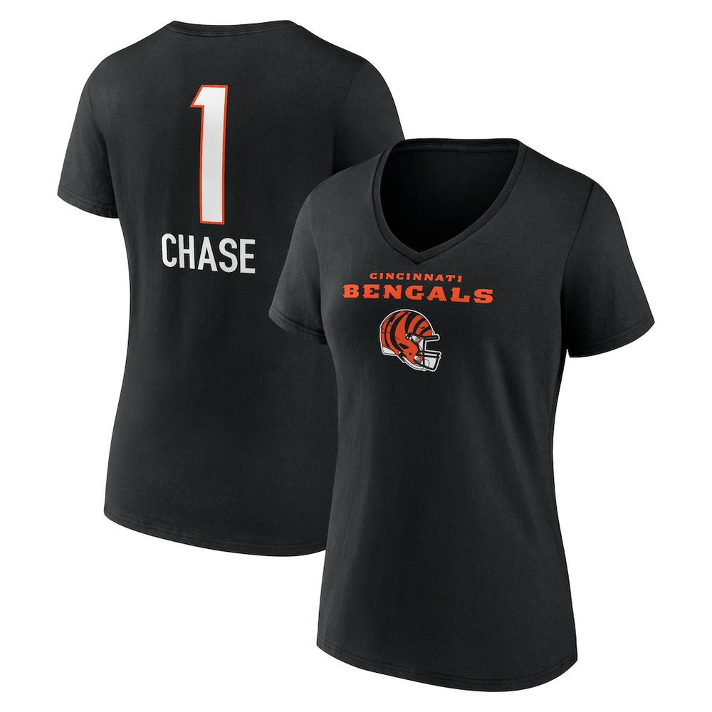 Ja'Marr Chase Cincinnati Bengals Women's Team Wordmark Player Name & Number V-Neck T-Shirt - Black T-shirts