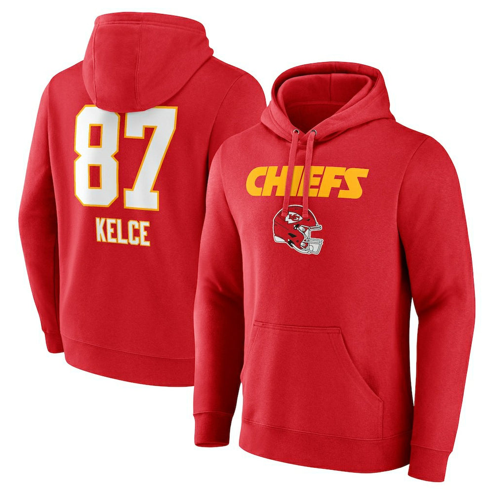 Travis Kelce Kansas City Chiefs Team Wordmark Player Name & Number Pullover Hoodie - Red Hoodies
