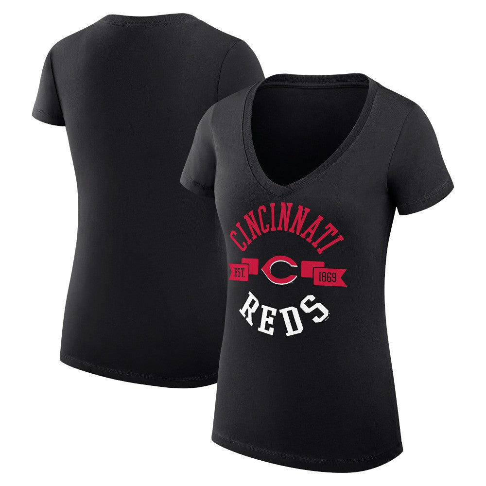 Cincinnati Reds G-III 4Her by Carl Banks Women's Super-Slim Fit Lightweight City Graphic V-Neck T-Shirt - Black T-shirts