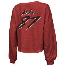 Travis Kelce Kansas City Chiefs Majestic Threads Women's Name & Number Off-Shoulder Script Cropped Long Sleeve V-Neck T-Shirt - Red T-shirts