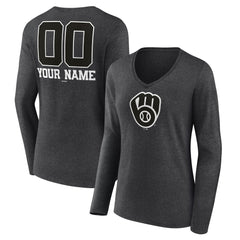 Milwaukee Brewers Women's Personalized Monochrome Name & Number Long Sleeve V-Neck T-Shirt - Charcoal T-shirts