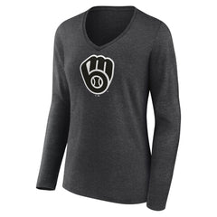 Milwaukee Brewers Women's Personalized Monochrome Name & Number Long Sleeve V-Neck T-Shirt - Charcoal T-shirts