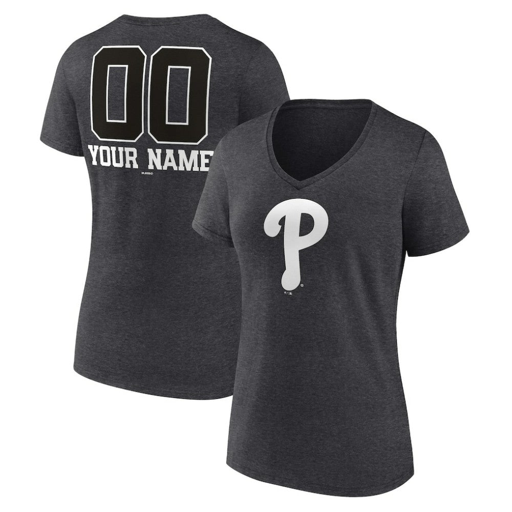 Philadelphia Phillies Women's Personalized Monochrome Name & Number V-Neck T-Shirt - Charcoal T-shirts