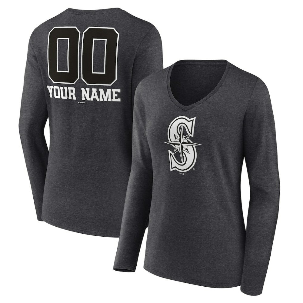 Seattle Mariners Women's Personalized Monochrome Name & Number Long Sleeve V-Neck T-Shirt - Charcoal T-shirts