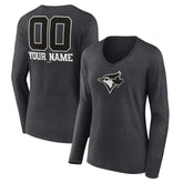 Toronto Blue Jays Women's Personalized Monochrome Name & Number Long Sleeve V-Neck T-Shirt - Charcoal T-shirts