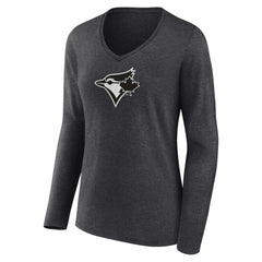 Toronto Blue Jays Women's Personalized Monochrome Name & Number Long Sleeve V-Neck T-Shirt - Charcoal T-shirts