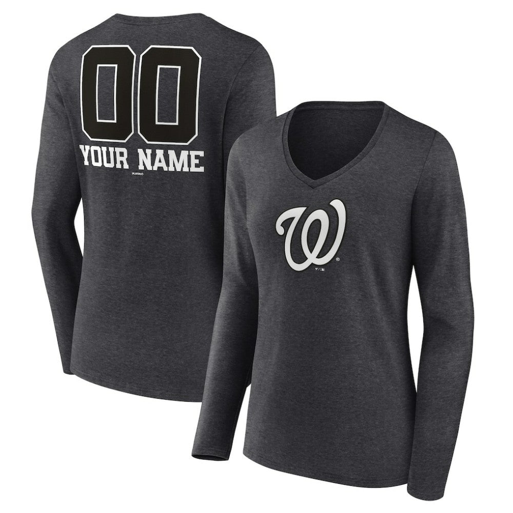 Washington Nationals Women's Personalized Monochrome Name & Number Long Sleeve V-Neck T-Shirt - Charcoal T-shirts