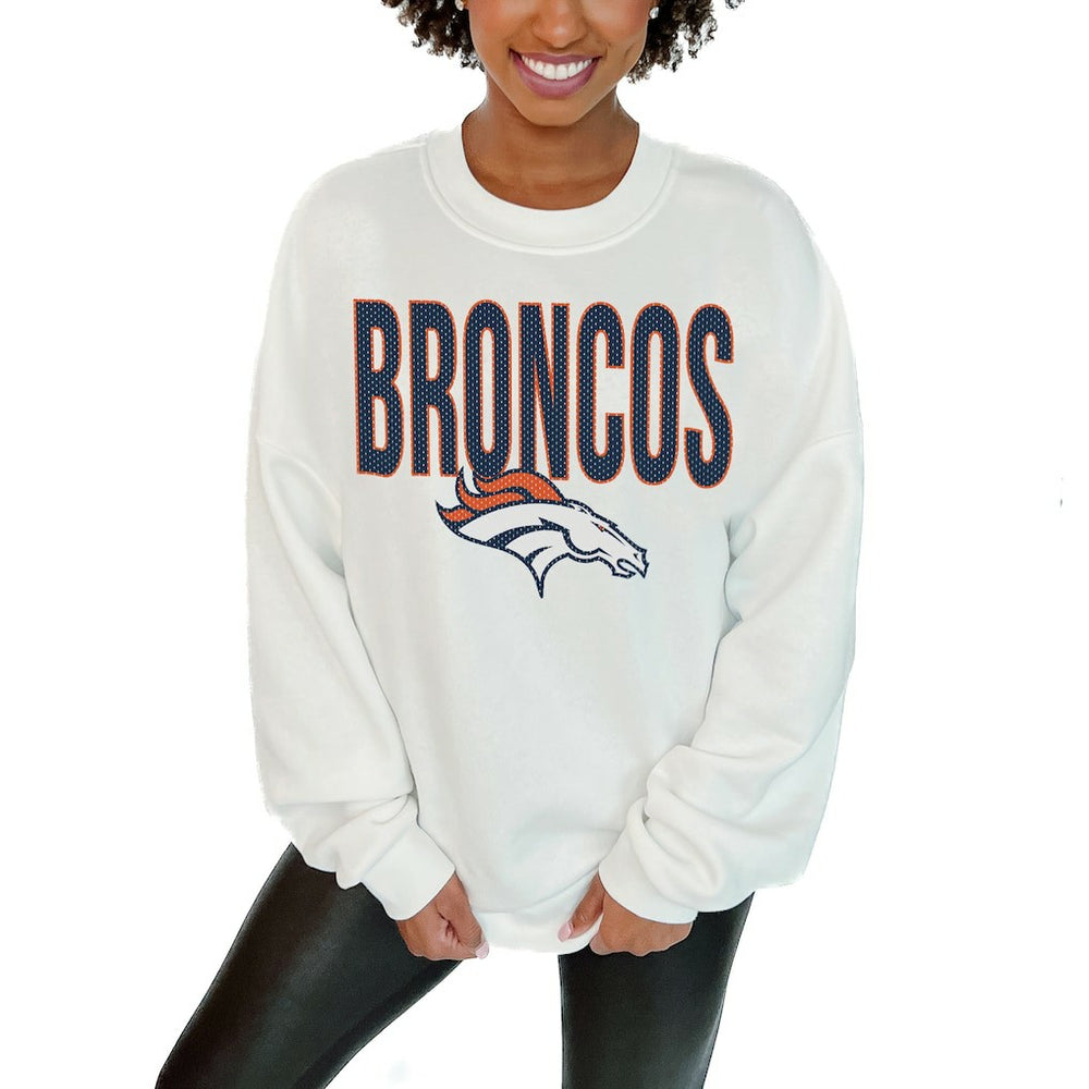 Denver Broncos Gameday Couture Women's Just Go With It Oversized Long Sleeve Crewneck Sweatshirt - White