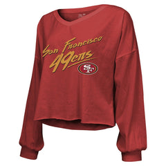 Brock Purdy San Francisco 49ers Majestic Threads Women's Name & Number Off-Shoulder Script Cropped Long Sleeve Relaxed V-Neck T-Shirt - Scarlet T-shirts