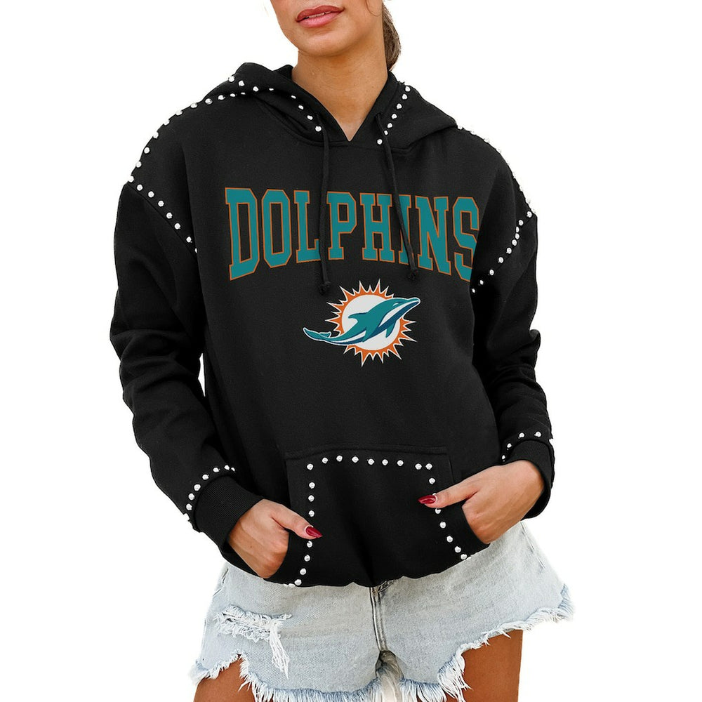 Miami Dolphins Gameday Couture Women's Oversized Catch the Vibe Studded Pullover Hoodie - Black Hoodies