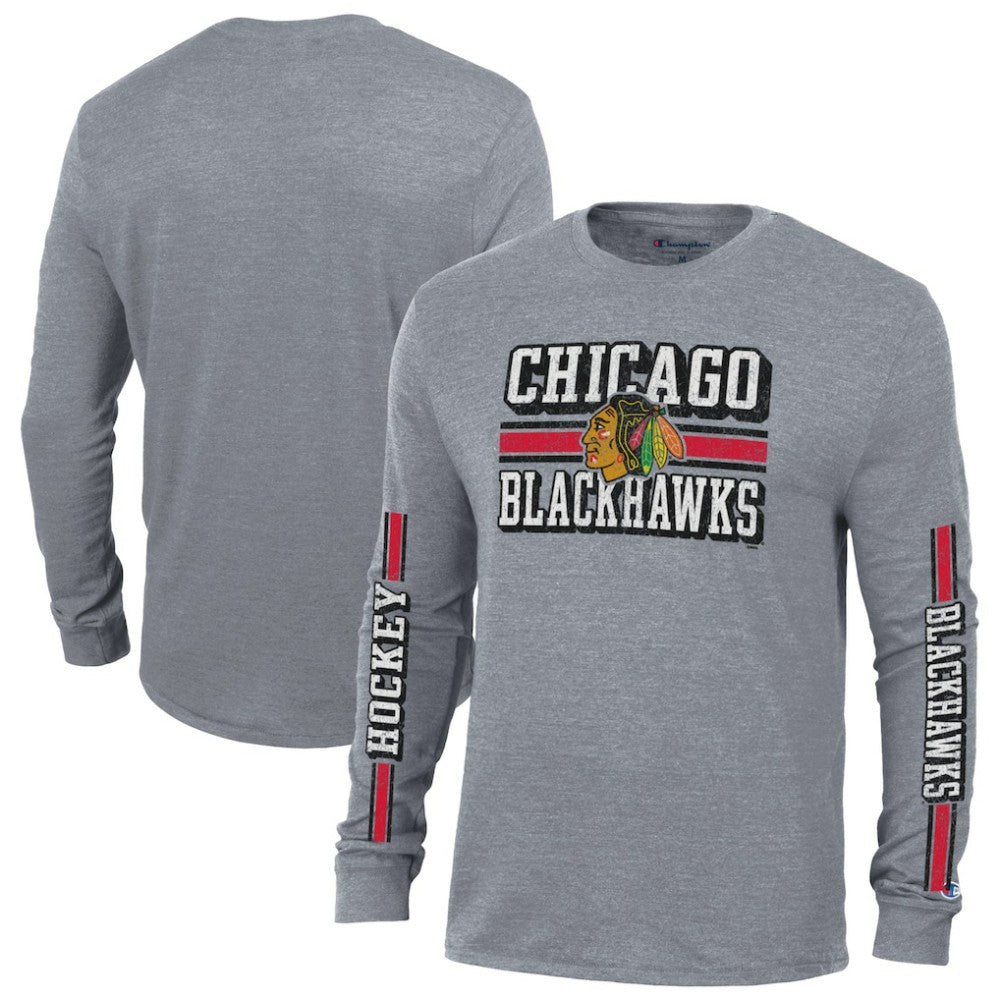 Chicago Blackhawks Champion Tri-Blend Dual-Stripe Long Sleeve T-Shirt - Heather Gray | US 200838119