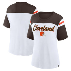 Cleveland Browns Women's Cheer Chant Fashion Crop Top - White/Brown Tops