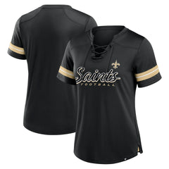 New Orleans Saints Women's Play Script Lace-Up T-Shirt - Black T-shirts