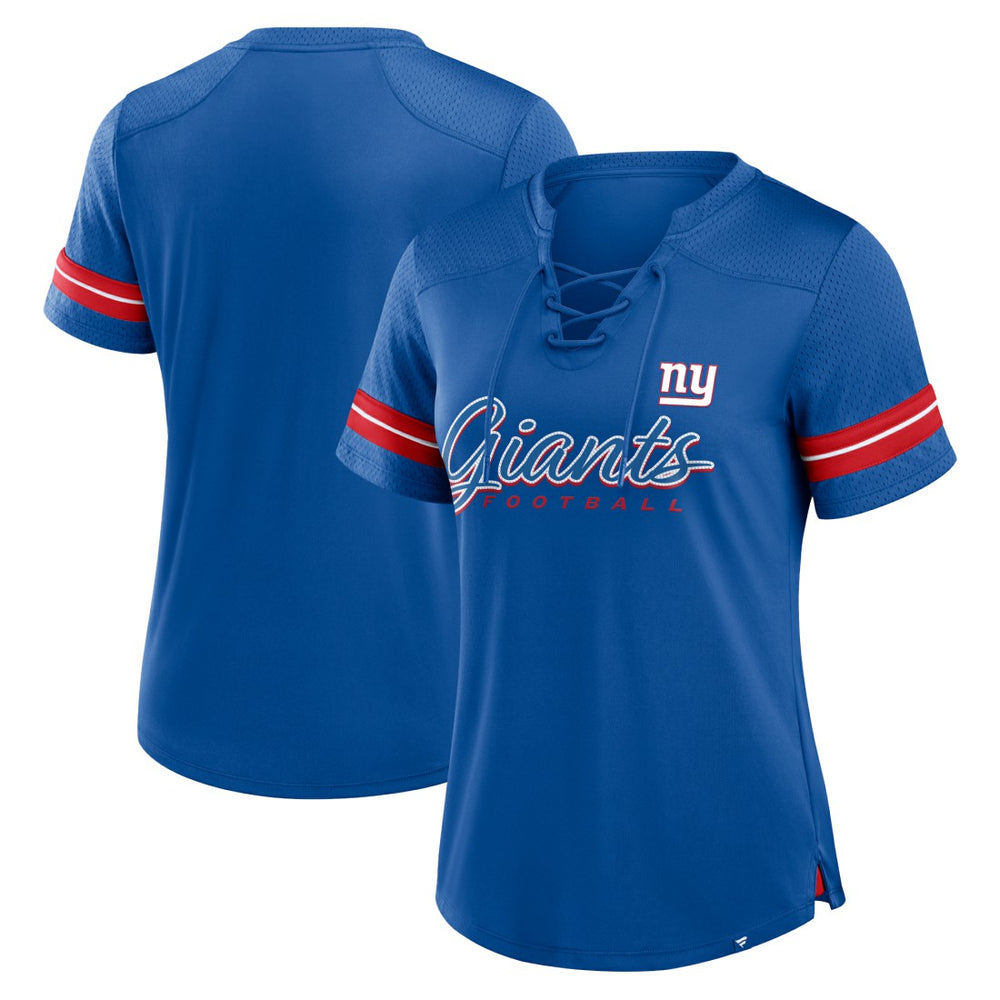 New York Giants Women's Play Script Lace-Up T-Shirt - Royal T-shirts