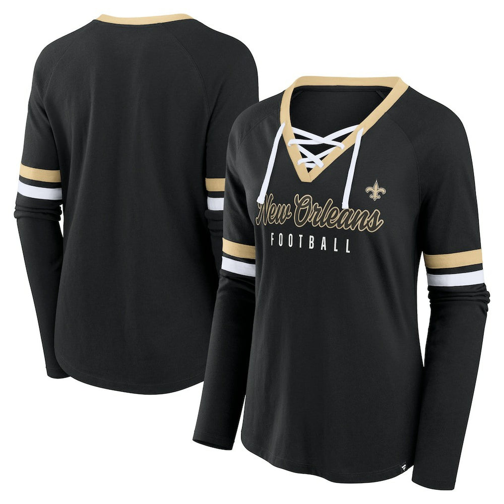 New Orleans Saints Women's Won and Done Lace-Up Long Sleeve Fashion Top - Black Tops