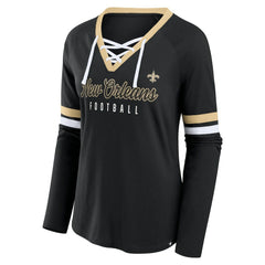 New Orleans Saints Women's Won and Done Lace-Up Long Sleeve Fashion Top - Black Tops