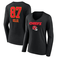 Travis Kelce Kansas City Chiefs Women's Team Wordmark Player Name & Number Long Sleeve V-Neck T-Shirt - Black T-shirts