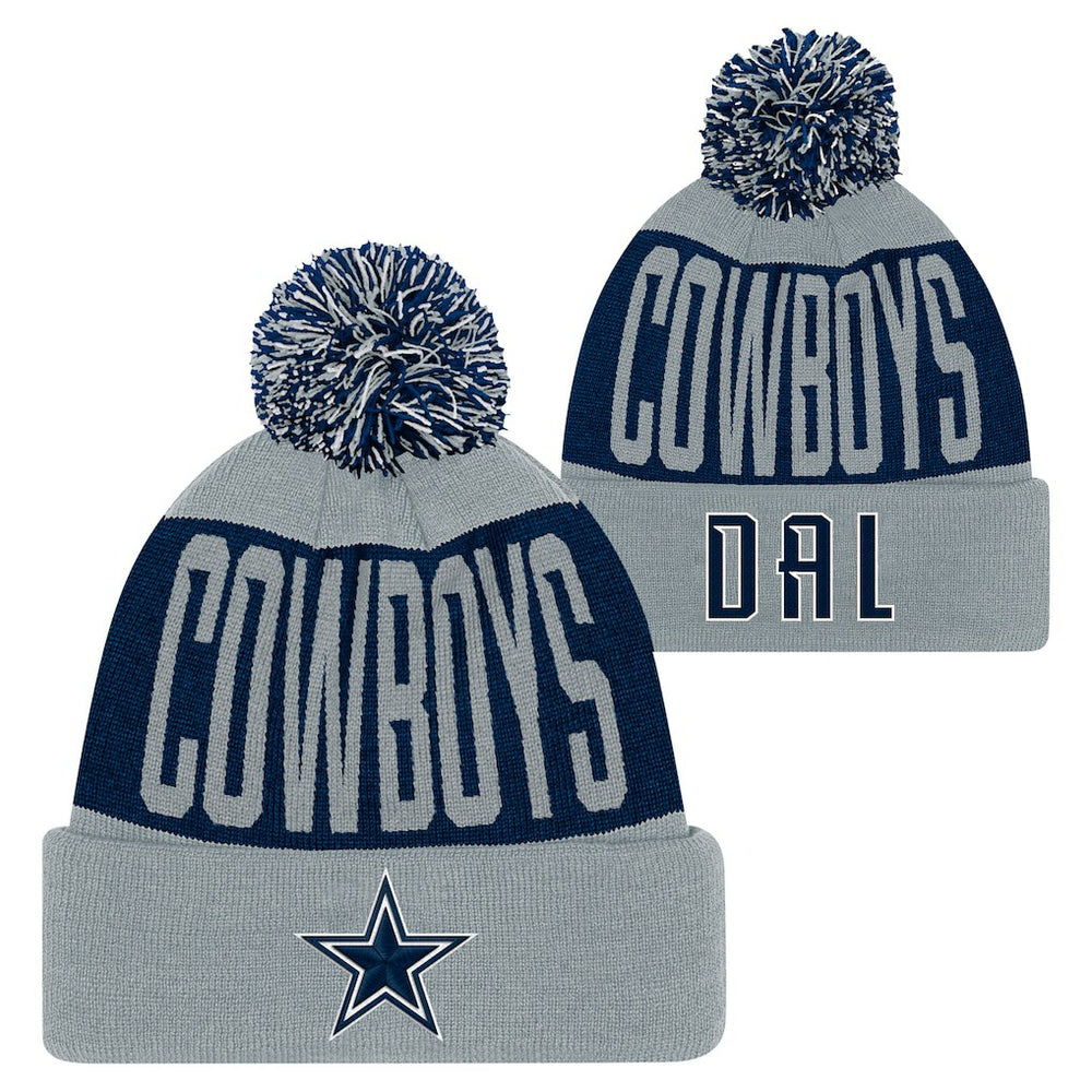 Dallas Cowboys Youth Bevel Cuffed Knit Hat with Pom - Navy/Gray Hats