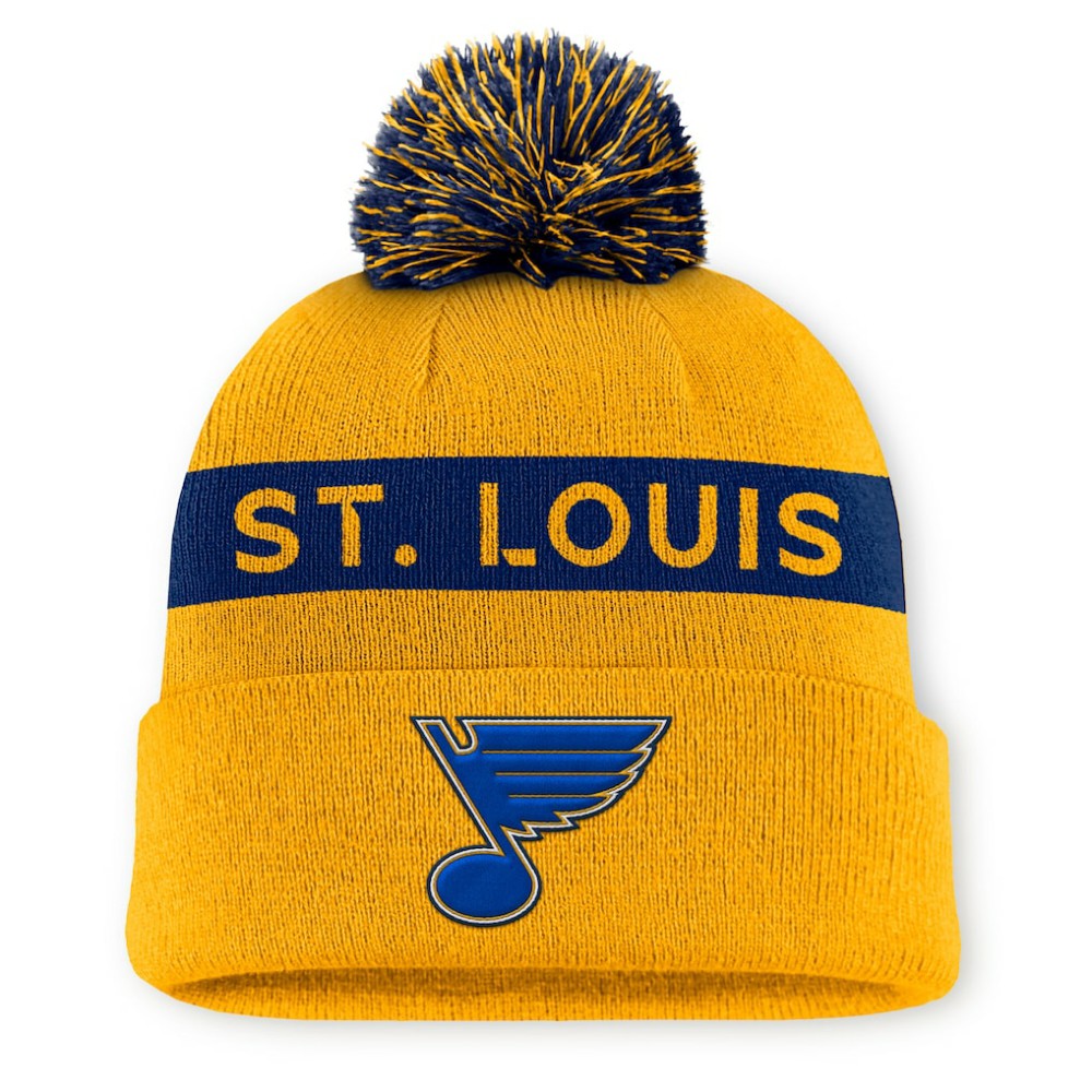 St. Louis Blues Fanatics Women's Authentic Pro Rink Cuffed Knit Hat with Pom - Gold/Navy | US 200897936