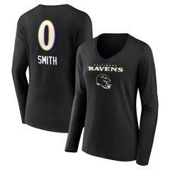 Roquan Smith Baltimore Ravens Women's Team Wordmark Player Name & Number Long Sleeve V-Neck T-Shirt - Black T-shirts