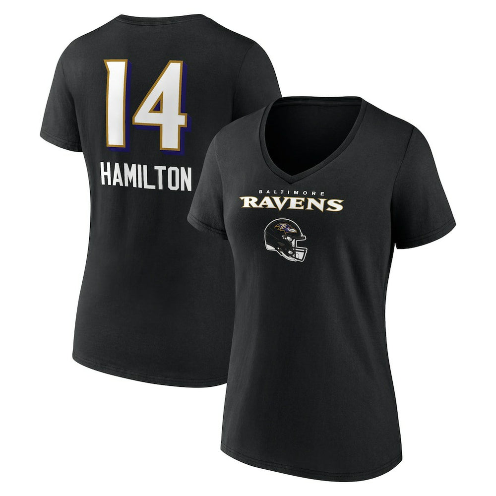 Kyle Hamilton Baltimore Ravens Women's Team Wordmark Player Name & Number V-Neck T-Shirt - Black T-shirts