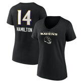Kyle Hamilton Baltimore Ravens Women's Team Wordmark Player Name & Number V-Neck T-Shirt - Black T-shirts