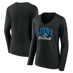 Detroit Lions Women's Victory Script V-Neck Long Sleeve T-Shirt - Black T-shirts