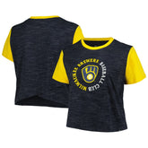 Milwaukee Brewers New Era Women's Plus Size Crossover Back Cropped T-Shirt - Navy T-shirts