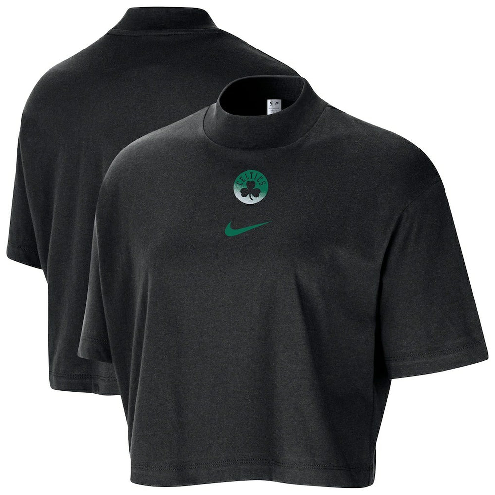 Boston Celtics Women's Courtside Mock Neck Loose Fit Cropped T-Shirt Black - Nike