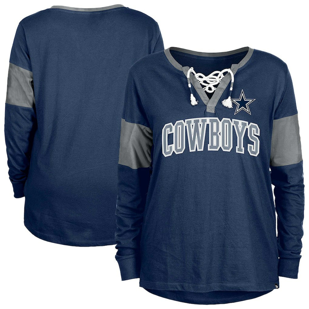 Dallas Cowboys New Era Women's Lace-Up Notch-Neck Long Sleeve T-Shirt - Navy T-shirts