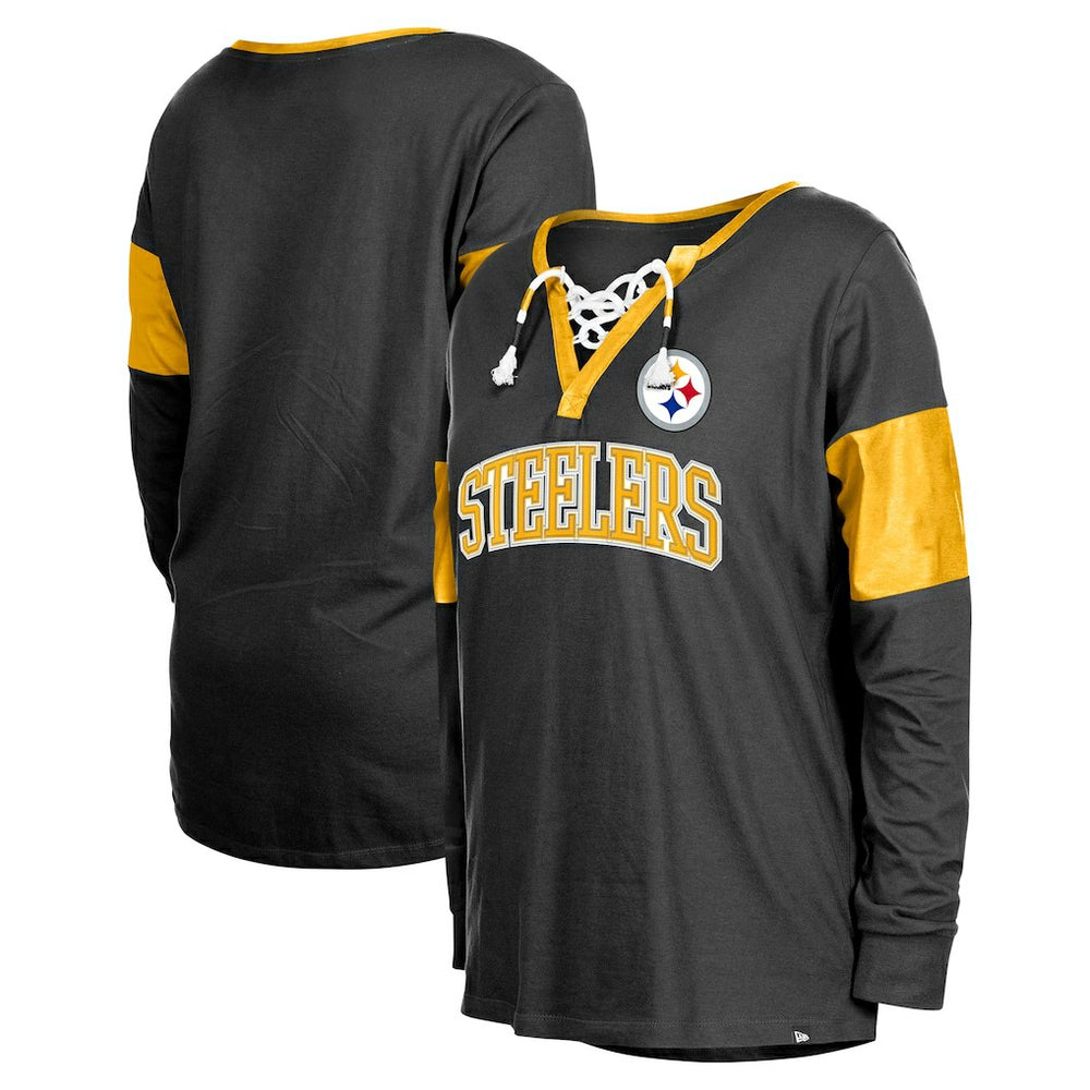Pittsburgh Steelers New Era Women's Lace-Up Notch-Neck Long Sleeve T-Shirt - Black T-shirts