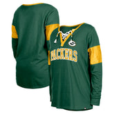 Green Bay Packers New Era Women's Lace-Up Notch-Neck Long Sleeve T-Shirt - Green T-shirts