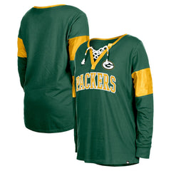 Green Bay Packers New Era Women's Lace-Up Notch-Neck Long Sleeve T-Shirt - Green T-shirts