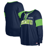 Seattle Seahawks New Era Women's Plus Size Lace-Up Notch Neck Long Sleeve T-Shirt - College Navy T-shirts
