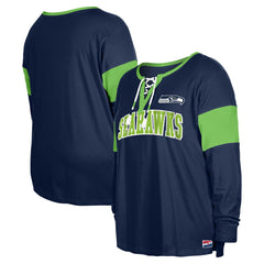 Seattle Seahawks New Era Women's Plus Size Lace-Up Notch Neck Long Sleeve T-Shirt - College Navy T-shirts