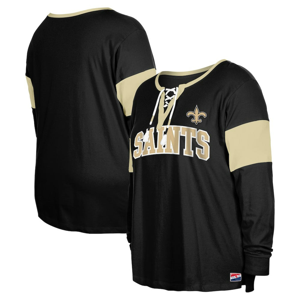 New Orleans Saints New Era Women's Plus Size Lace-Up Notch Neck Long Sleeve T-Shirt - Black T-shirts