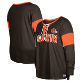 Cleveland Browns New Era Women's Plus Size Lace-Up Notch Neck Long Sleeve T-Shirt - Brown T-shirts