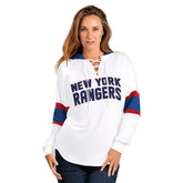 New York Rangers G-III 4Her by Carl Banks Women's Goal Zone Long Sleeve Lace-Up Hoodie T-Shirt - White/Blue | US 201038243