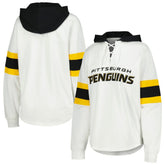 Pittsburgh Penguins G-III 4Her by Carl Banks Women's Goal Zone Long Sleeve Lace-Up Hoodie T-Shirt - White/Black | US 201038244