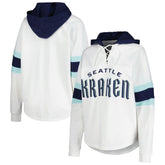 Seattle Kraken G-III 4Her by Carl Banks Women's Goal Zone Long Sleeve Lace-Up Hoodie T-Shirt - White/Deep Sea Blue | US 201038245