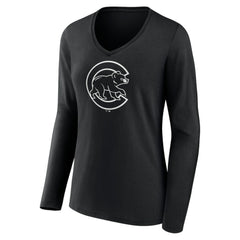 Chicago Cubs Women's Monochrome Personalized Name & Number Long Sleeve V-Neck T-Shirt - Black T-shirts