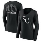 Kansas City Royals Women's Monochrome Personalized Name & Number Long Sleeve V-Neck T-Shirt - Black T-shirts