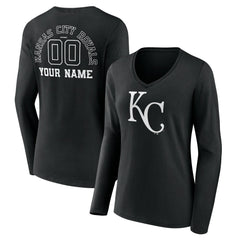 Kansas City Royals Women's Monochrome Personalized Name & Number Long Sleeve V-Neck T-Shirt - Black T-shirts