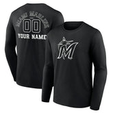 Miami Marlins Monochrome Personalized Name & Number Long Sleeve T-Shirt - Black T-shirts