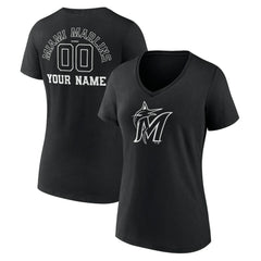 Miami Marlins Women's Monochrome Personalized Name & Number V-Neck T-Shirt - Black T-shirts