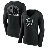 Milwaukee Brewers Women's Monochrome Personalized Name & Number Long Sleeve V-Neck T-Shirt - Black T-shirts